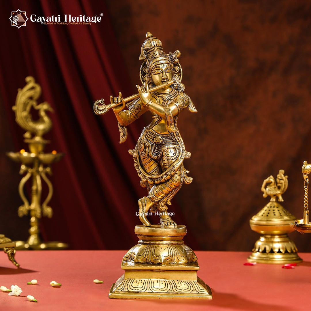 Brass Krishna Statue – Divine Flute Player Décor | Gayatri Heritage