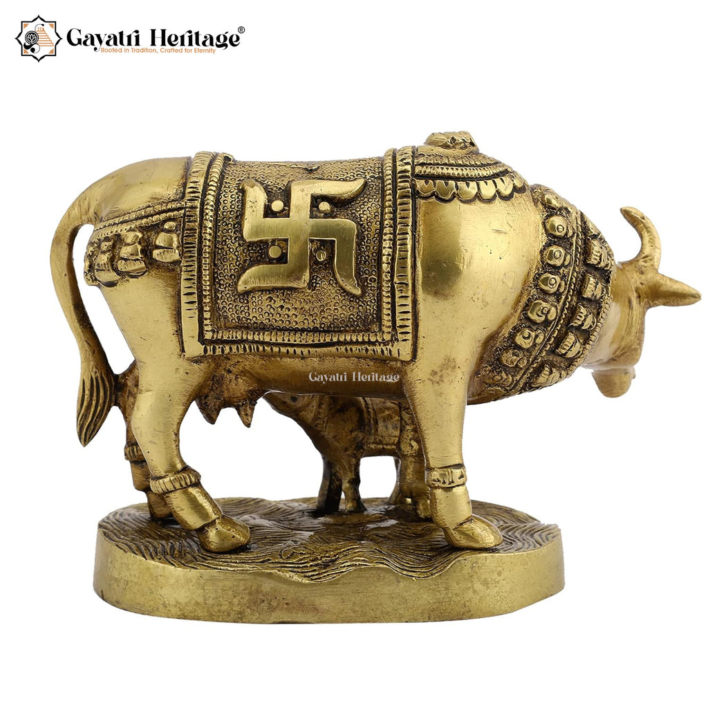 Brass Small Cow & Calf – Om & Swastika Engraved | Gayatri Heritage