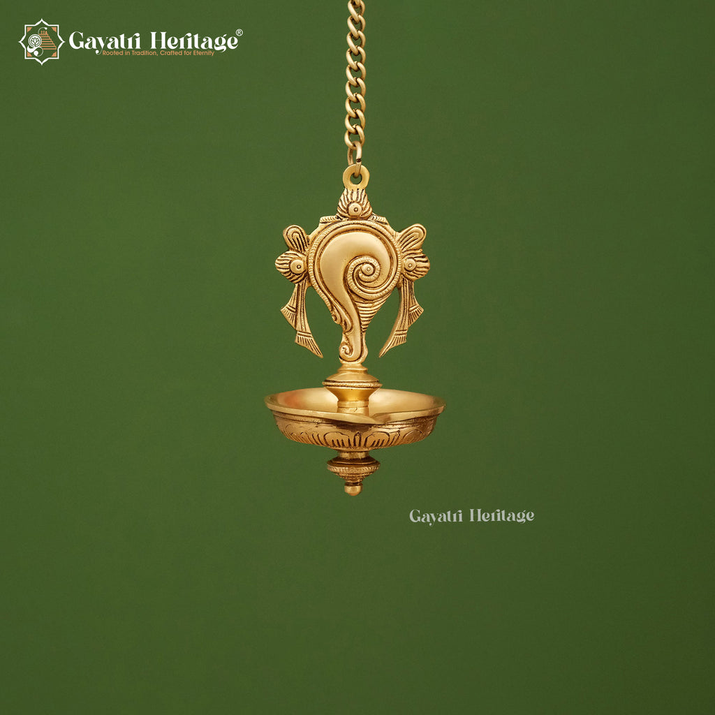 Brass Shankh Chakra Diya – Spiritual Oil Lamp for Pooja | Gayatri Heritage