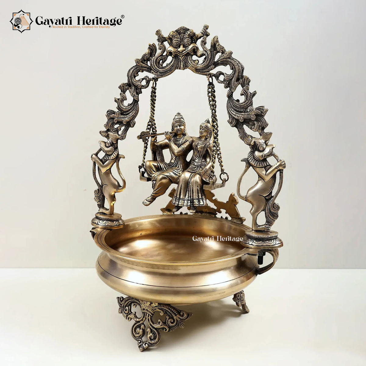 Brass Radha Krishna Swing Urli – Traditional Divine Décor | Gayatri Heritage