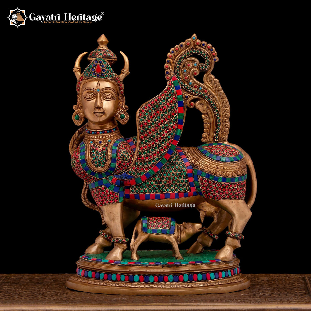 Brass Kamadhenu Cow in Stone Work – Symbol of Prosperity | Gayatri Heritage