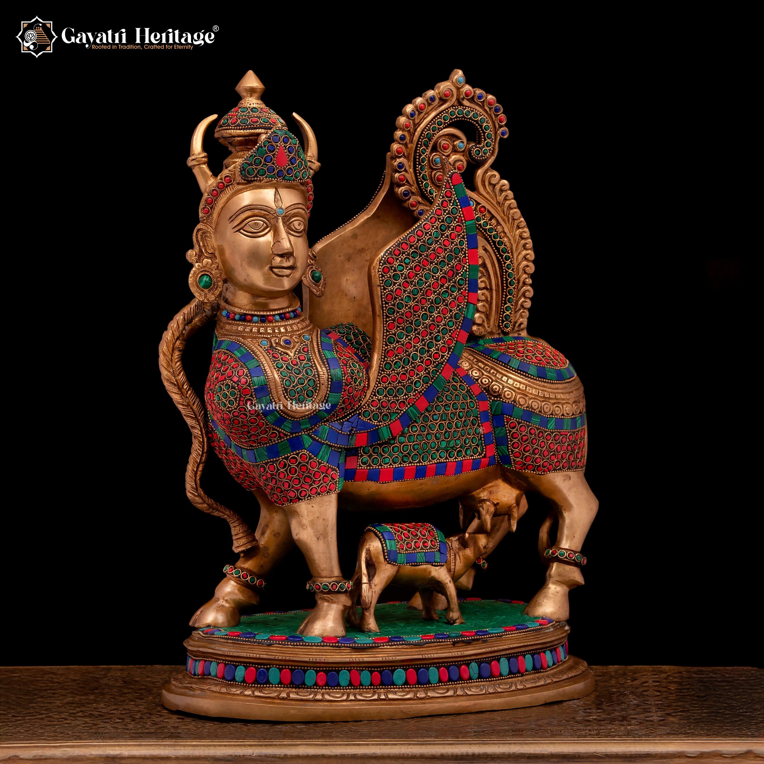 Brass Kamadhenu Cow in Stone Work – Symbol of Prosperity | Gayatri Heritage