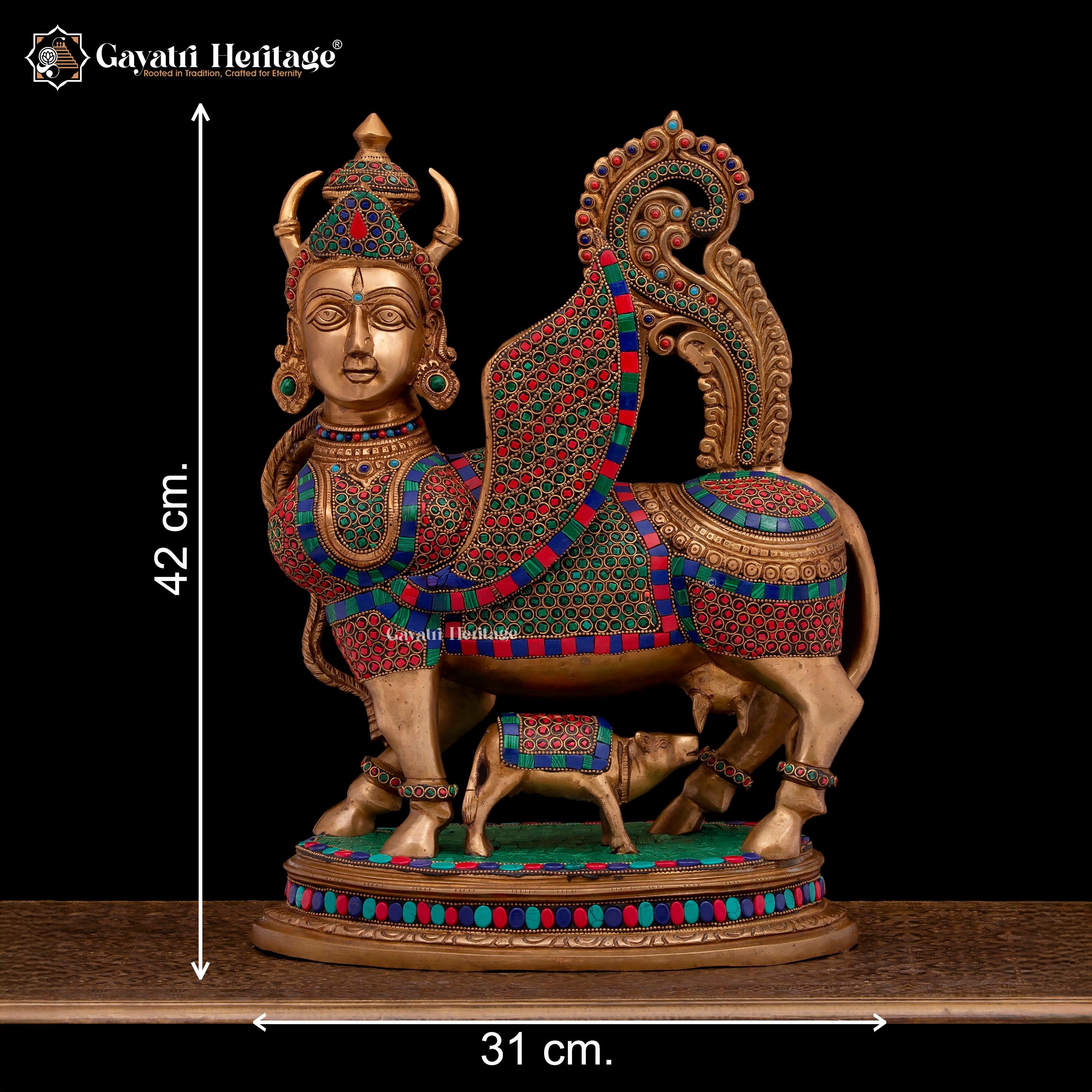 Brass Kamadhenu Cow in Stone Work – Symbol of Prosperity | Gayatri Heritage