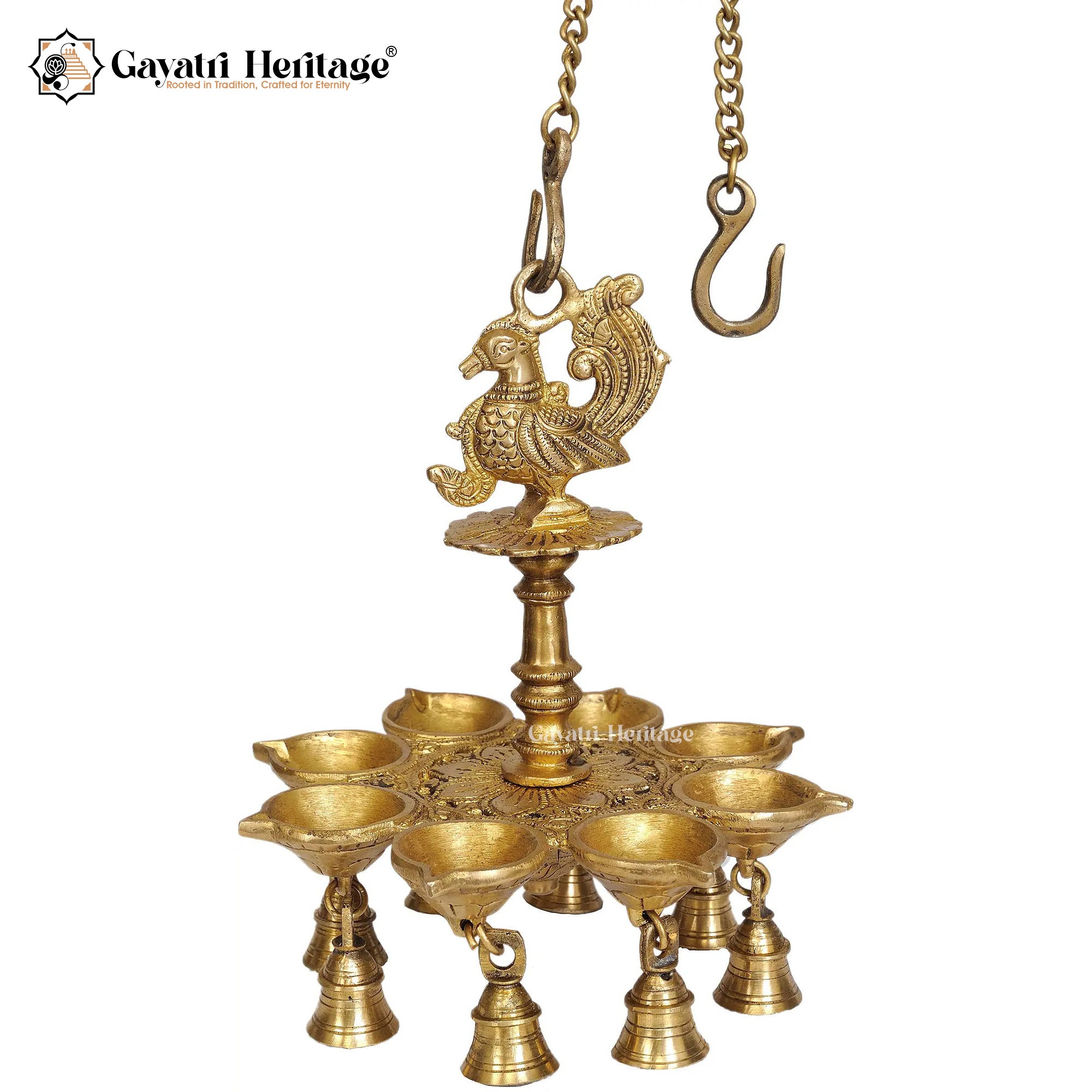 Brass Sparrow Wall Hanging with Eight Wick Diya and Bells | Gayatri Heritage