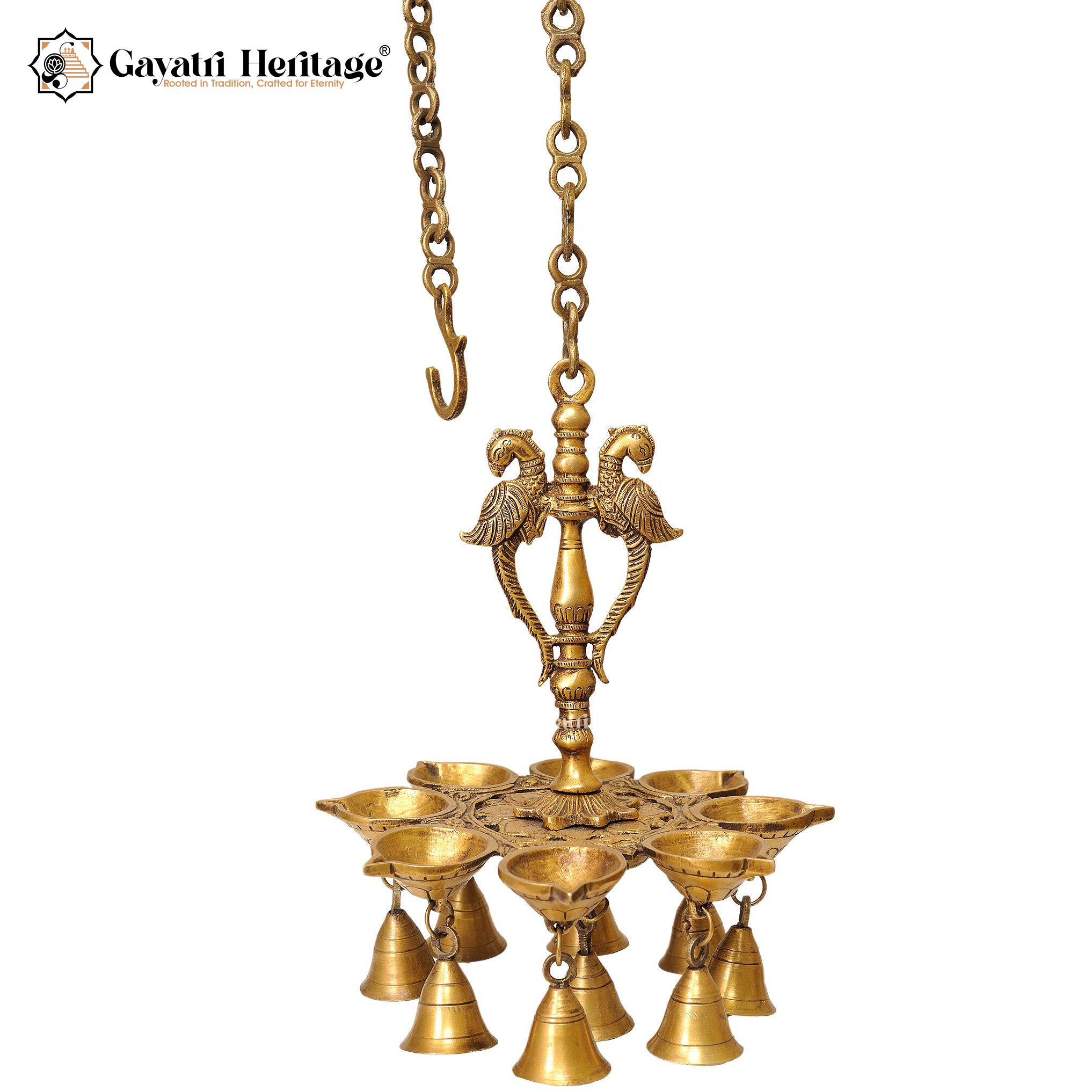 Brass Parrot 8-Wick Diya with Bells – Traditional Decor | Gayatri Heritage