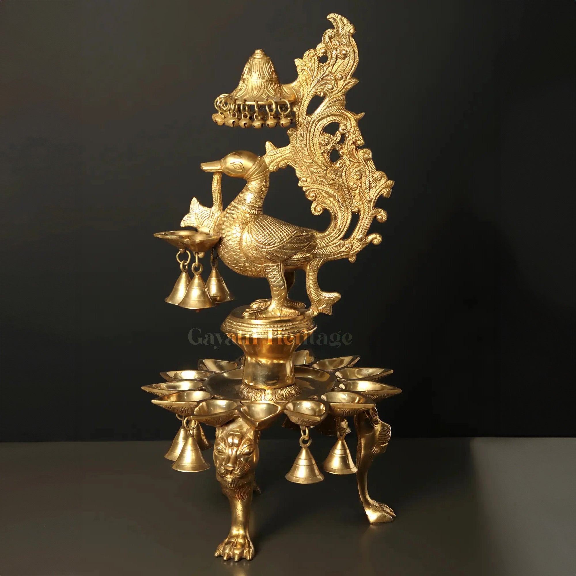 Brass Peacock Lamp with Multi Bells And Ghungroo