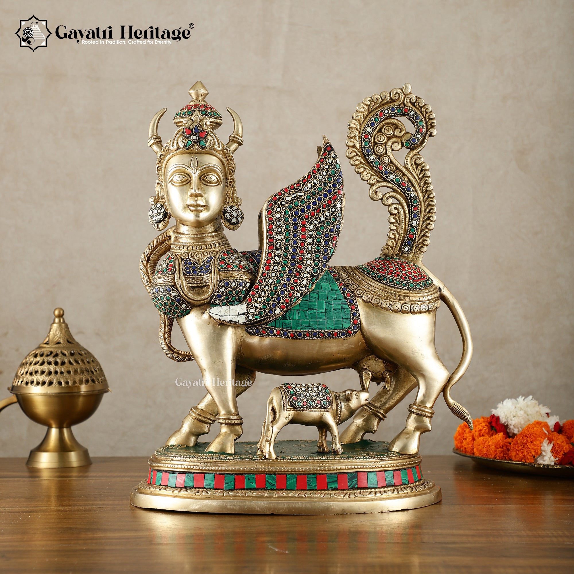 Brass Kamadhenu Cow and Calf – Symbol of Abundance and Prosperity | Gayatri Heritage