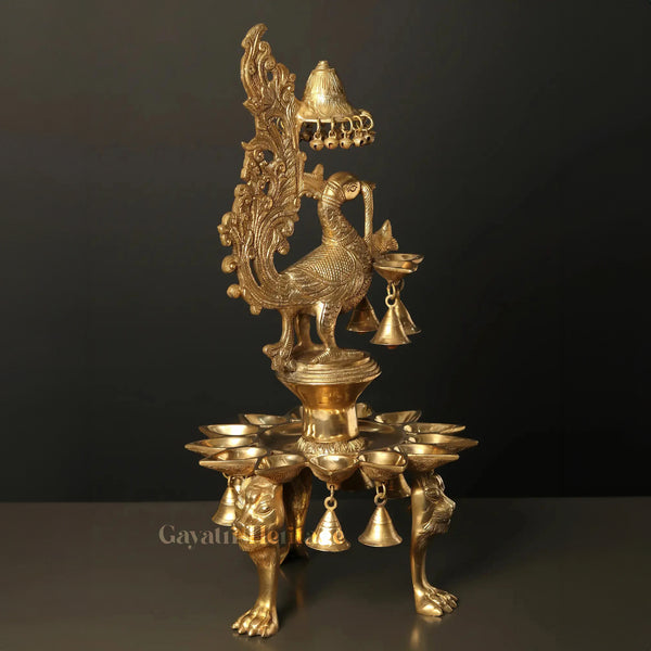 Brass Peacock Lamp with Multi Bells And Ghungroo