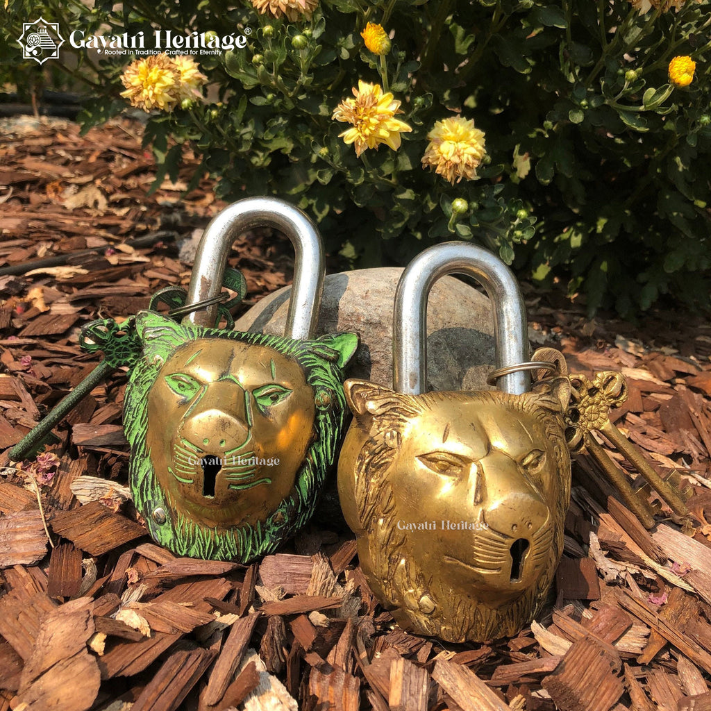 Brass Lion Face Padlock – Vintage Security Charm | Gayatri Heritage