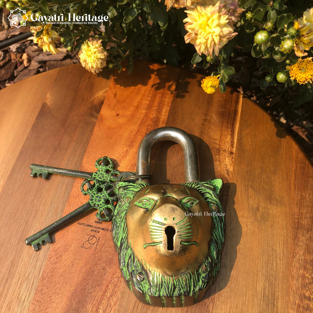 Brass Lion Face Padlock – Vintage Security Charm | Gayatri Heritage