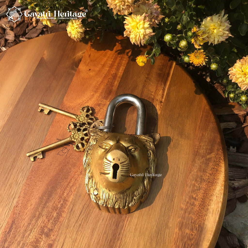 Brass Lion Face Padlock – Vintage Security Charm | Gayatri Heritage
