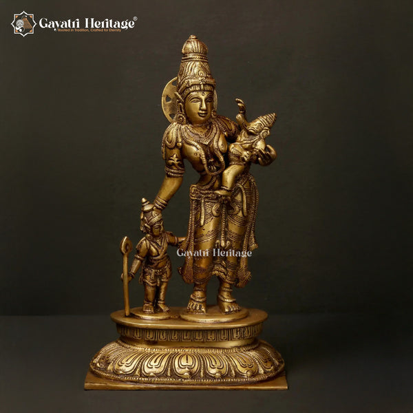 Brass Mata Parvati with Murugan & Vinayagar Idol – Divine Trio for Worship | Gayatri Heritage