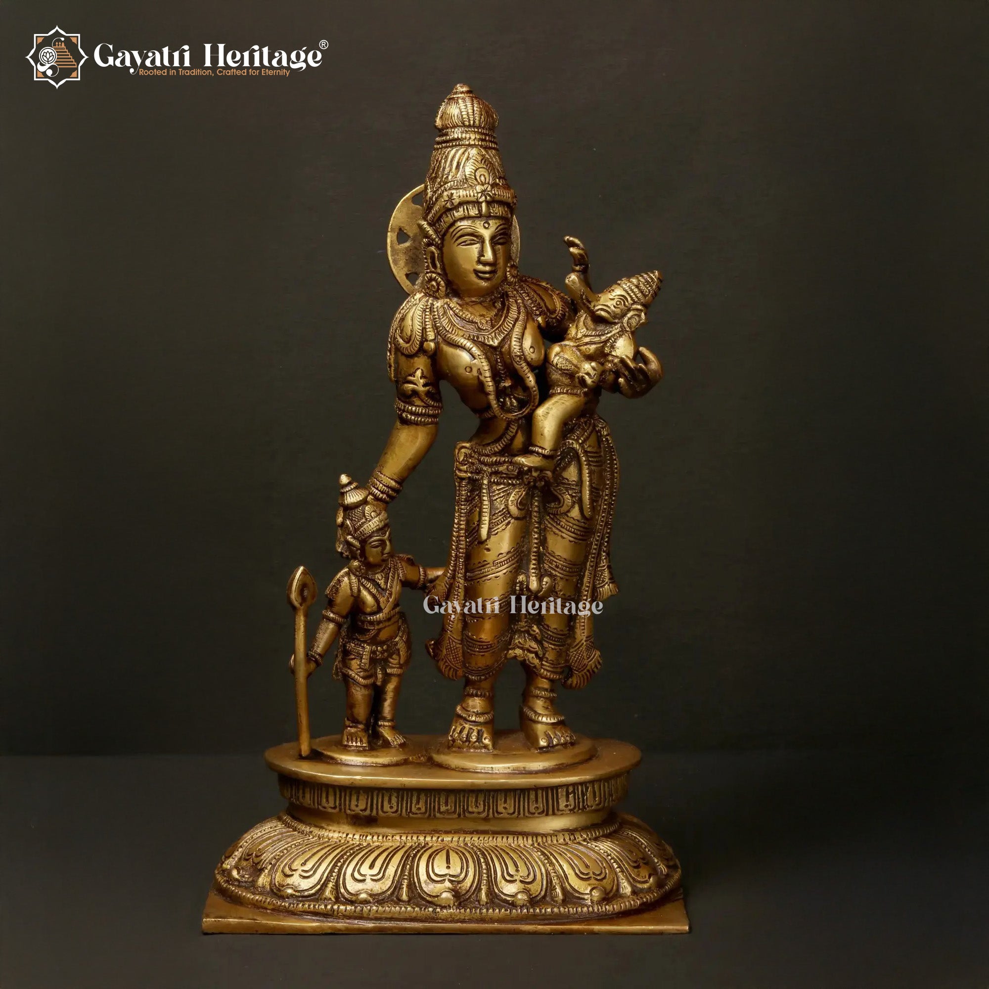 Brass Mata Parvati with Murugan & Vinayagar Idol – Divine Trio for Worship | Gayatri Heritage