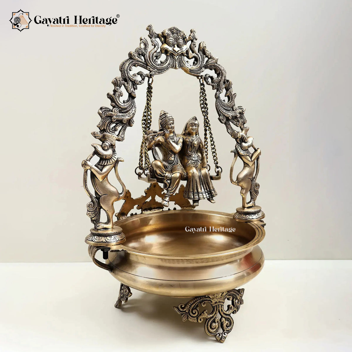 Brass Radha Krishna Swing Urli – Traditional Divine Décor | Gayatri Heritage