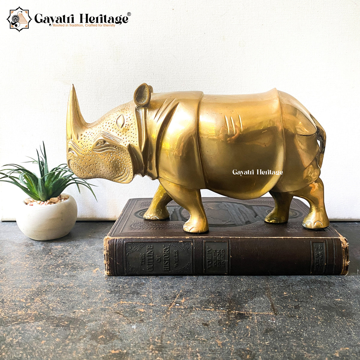 Brass Rhino Sculpture – Majestic Wildlife Decor | Gayatri Heritage