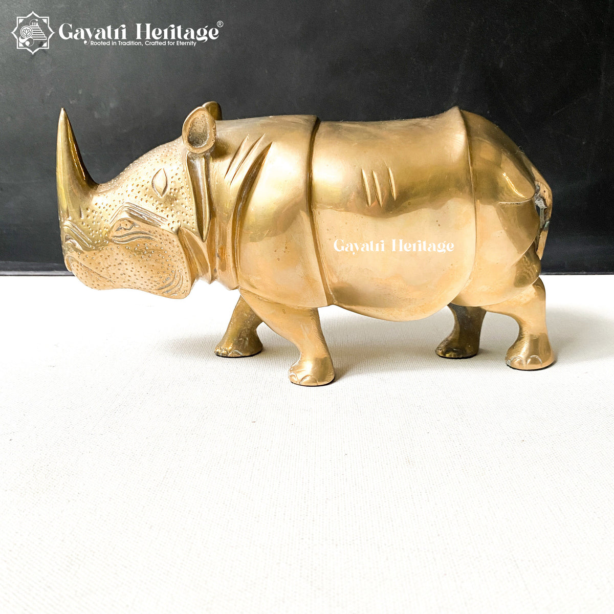 Brass Rhino Sculpture – Majestic Wildlife Decor | Gayatri Heritage