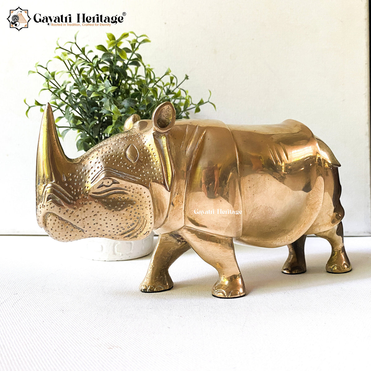 Brass Rhino Sculpture – Majestic Wildlife Decor | Gayatri Heritage