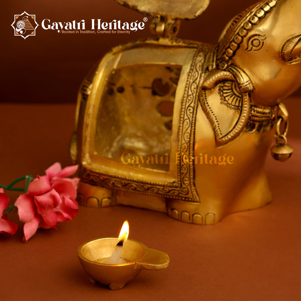 Brass Elephant Diya with Bell – Divine Light & Charm | Gayatri Heritage