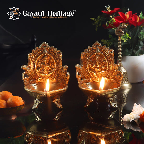 Brass Ganesh & Laxmi Diya Lamp (Pair) – Divine Prosperity | Gayatri Heritage