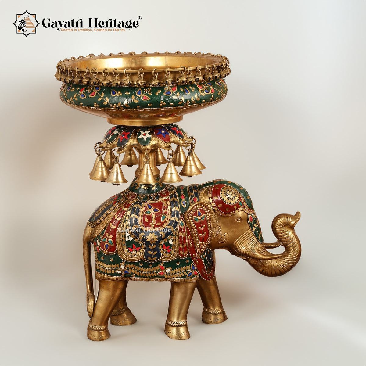 Ethnic Brass Design Urli Over Brass Elephant Showpiece