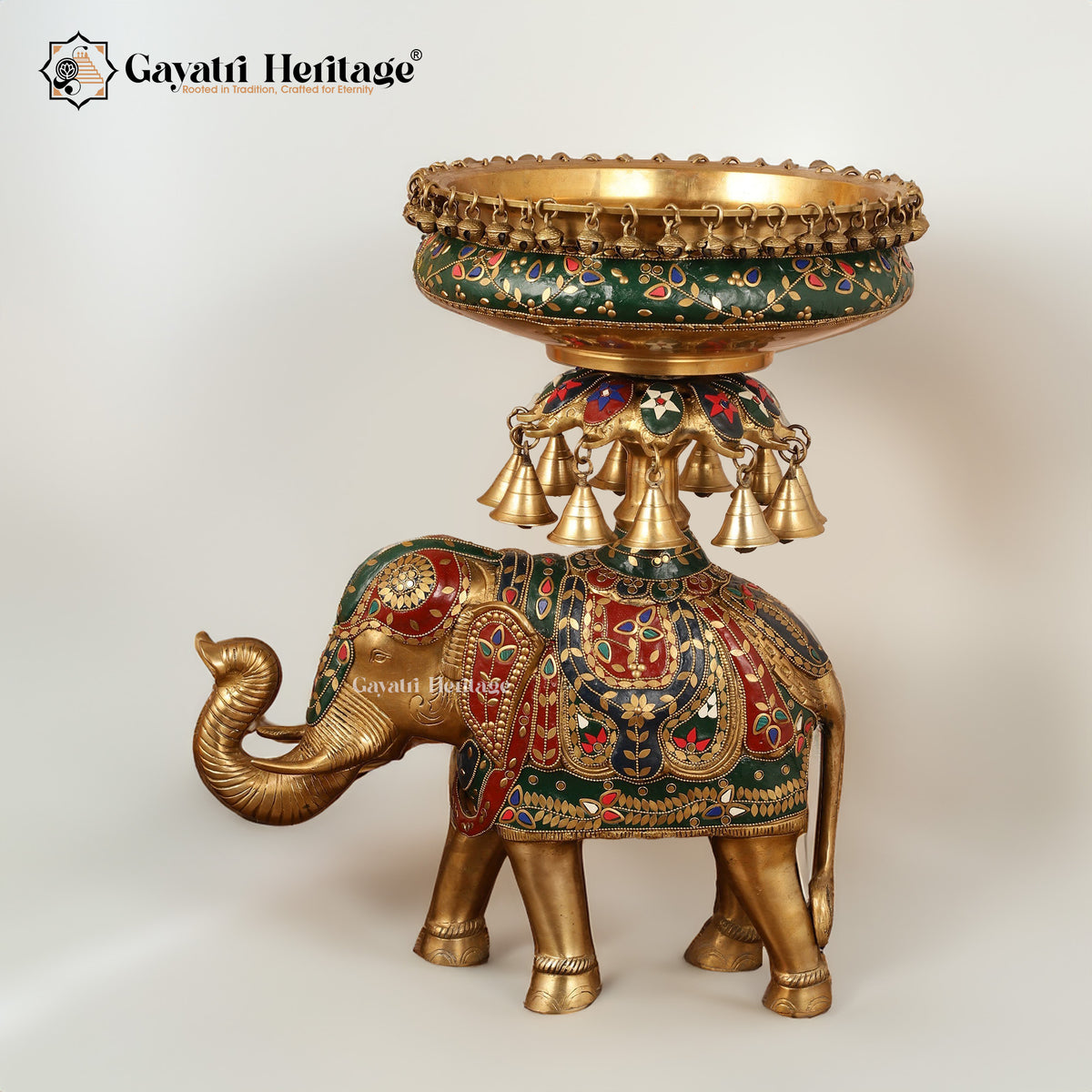 Ethnic Brass Design Urli Over Brass Elephant Showpiece