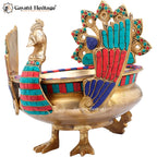 Brass Peacock Design Urli with Stone Work – Elegant Traditional Decor