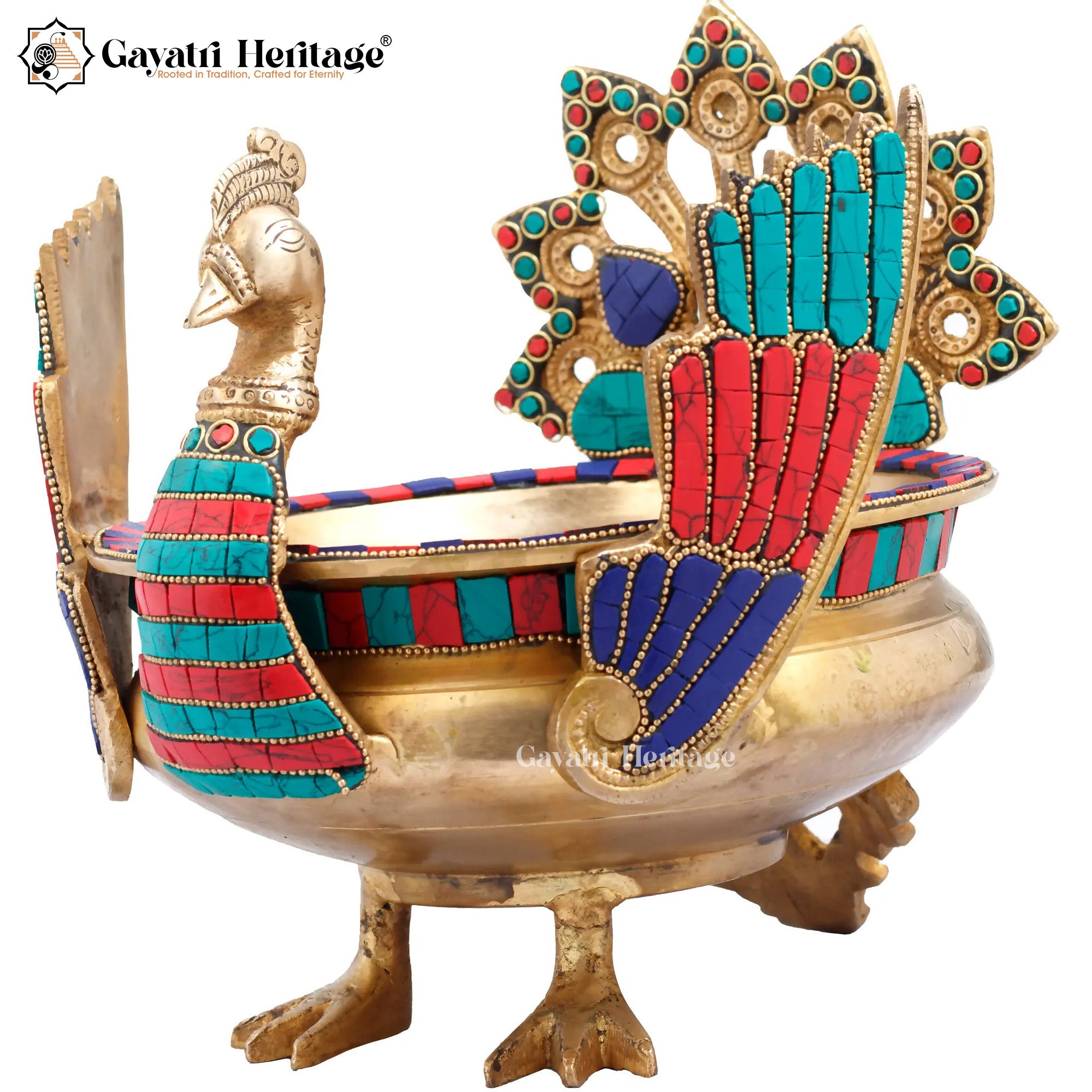 Brass Peacock Design Urli with Stone Work – Elegant Traditional Decor