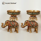 Ethnic Brass Design Urli Over Brass Elephant Showpiece