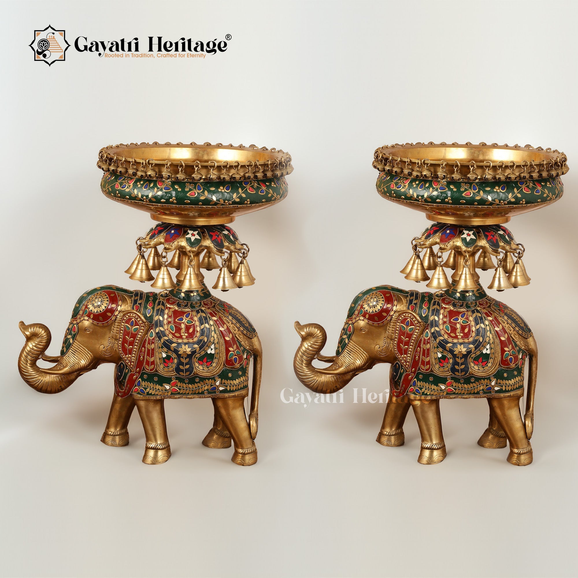 Ethnic Brass Design Urli Over Brass Elephant Showpiece