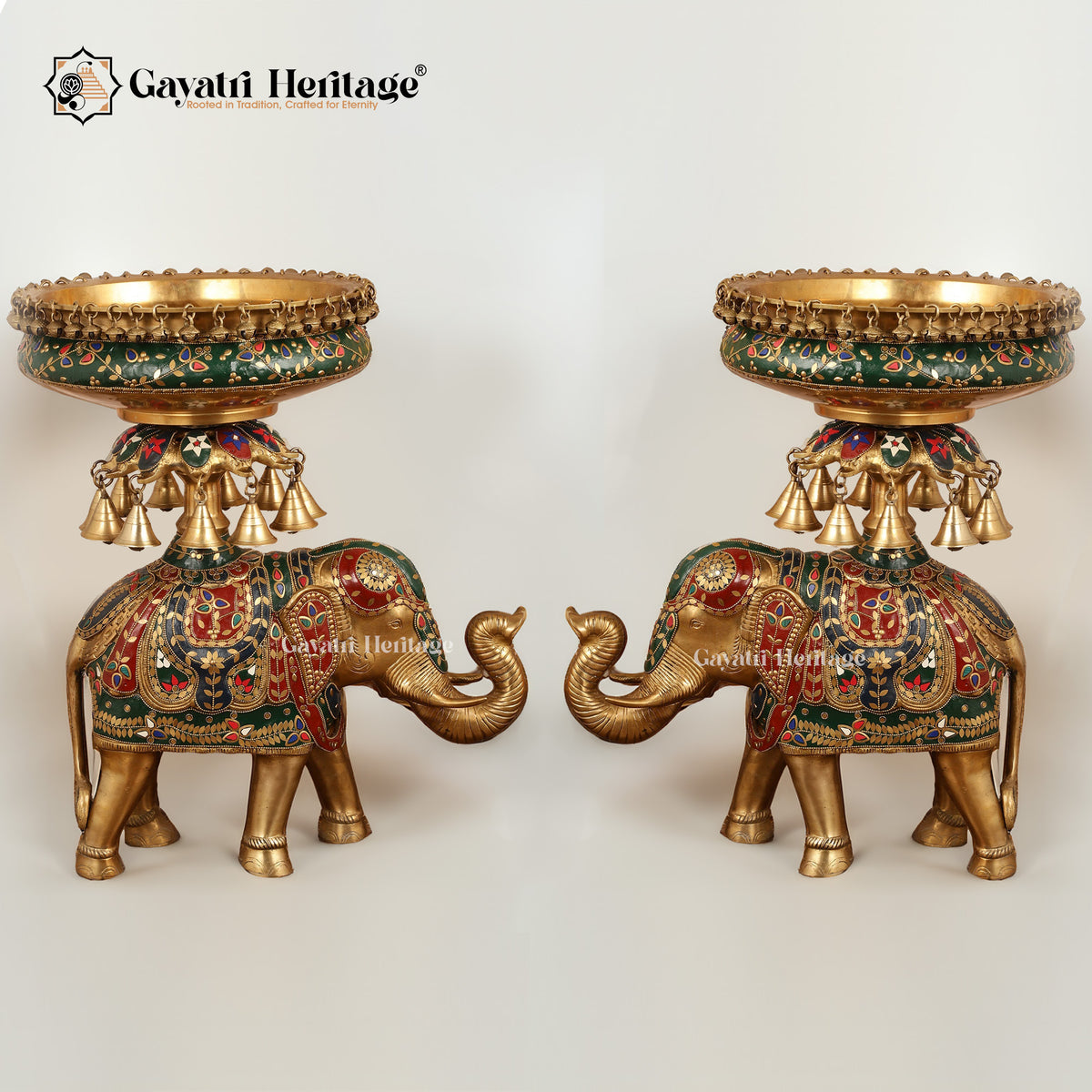 Ethnic Brass Design Urli Over Brass Elephant Showpiece