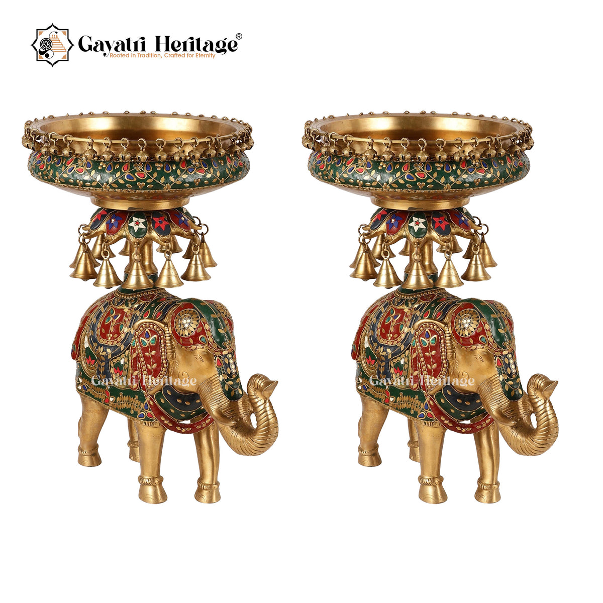 Ethnic Brass Design Urli Over Brass Elephant Showpiece