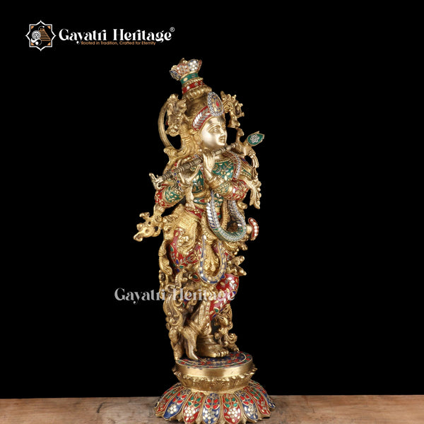 Brass Statue of Krishna with Stone Work – Divine Elegance and Timeless Craftsmanship | Gayatri Heritage