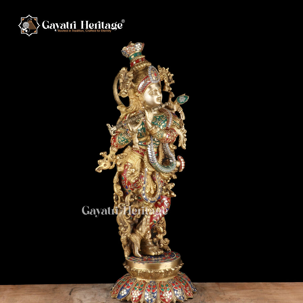 Brass Statue of Krishna with Stone Work – Divine Elegance and Timeless Craftsmanship | Gayatri Heritage
