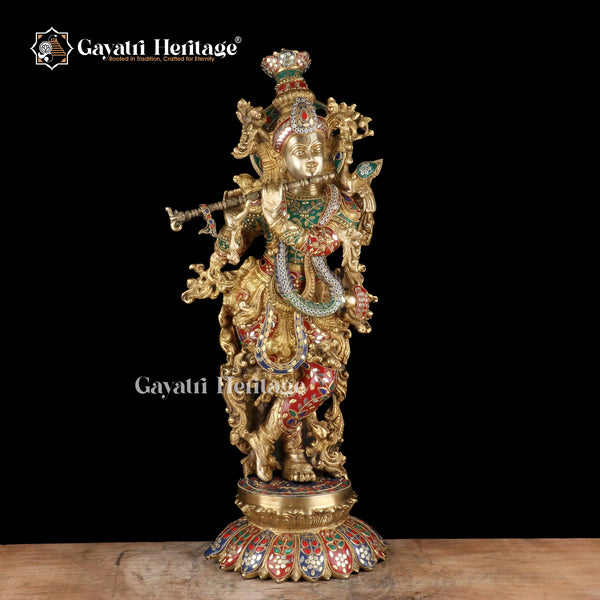 Brass Statue of Krishna with Stone Work – Divine Elegance and Timeless Craftsmanship | Gayatri Heritage