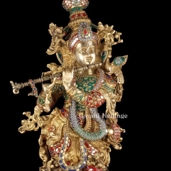 Brass Statue of Krishna with Stone Work – Divine Elegance and Timeless Craftsmanship | Gayatri Heritage