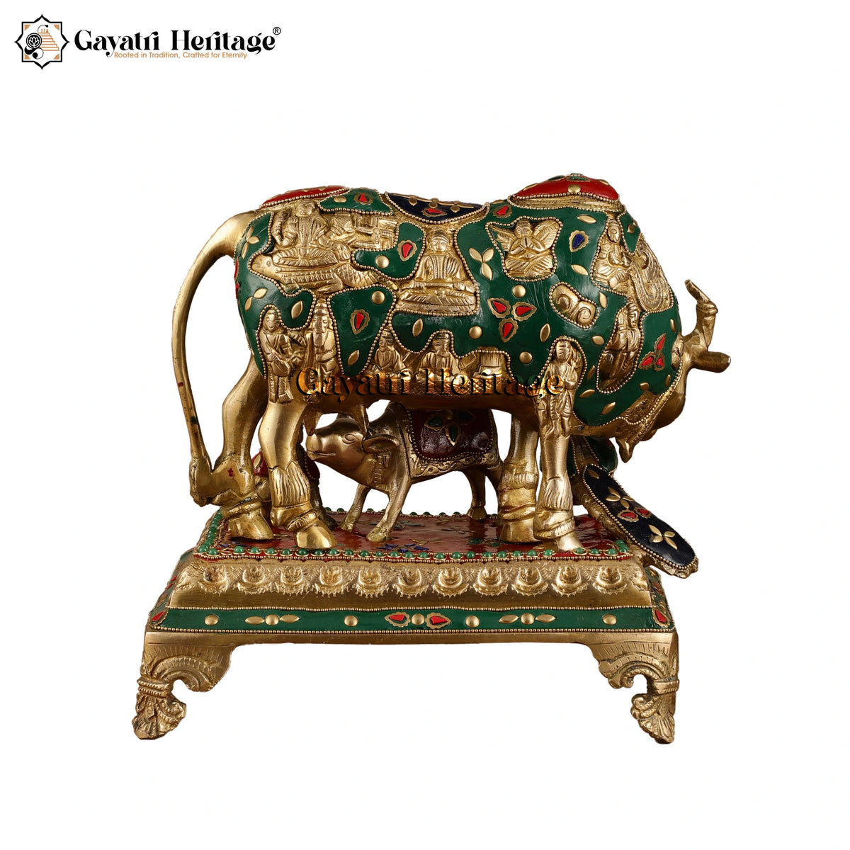 Brass Cow and Calf with Peacock – Stonework Divine Charm | Gayatri Heritage