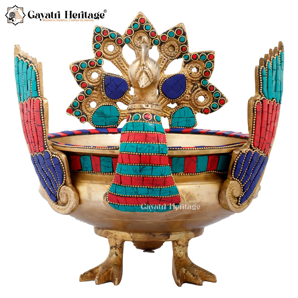 Brass Peacock Design Urli with Stone Work – Elegant Traditional Decor