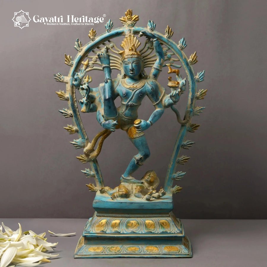 Brass Urdhva Tandava Shiva Sculpture in Blue Antique Finish – Hindu Dancing Lord Nataraja Idol by Gayatri Heritage
