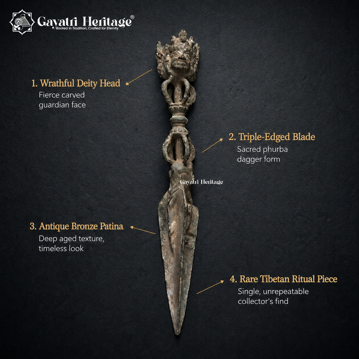 Antique Tibetan Phurba Ritual Dagger | 100+ Year Old Bronze | Wrathful Deity Face | Rare Ceremonial Collectible