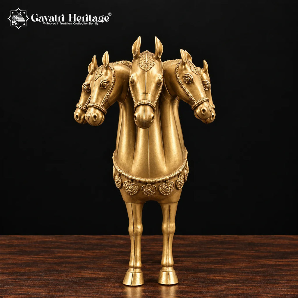 Brass Five-Headed Horse Statue | 24 Inch Panchmukhi Horse Vastu & Feng Shui Decor