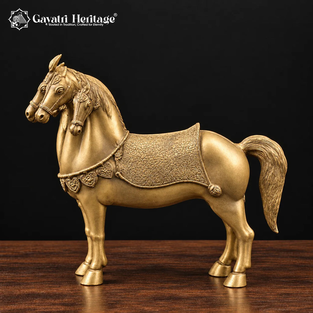 Brass Five-Headed Horse Statue | 24 Inch Panchmukhi Horse Vastu & Feng Shui Decor