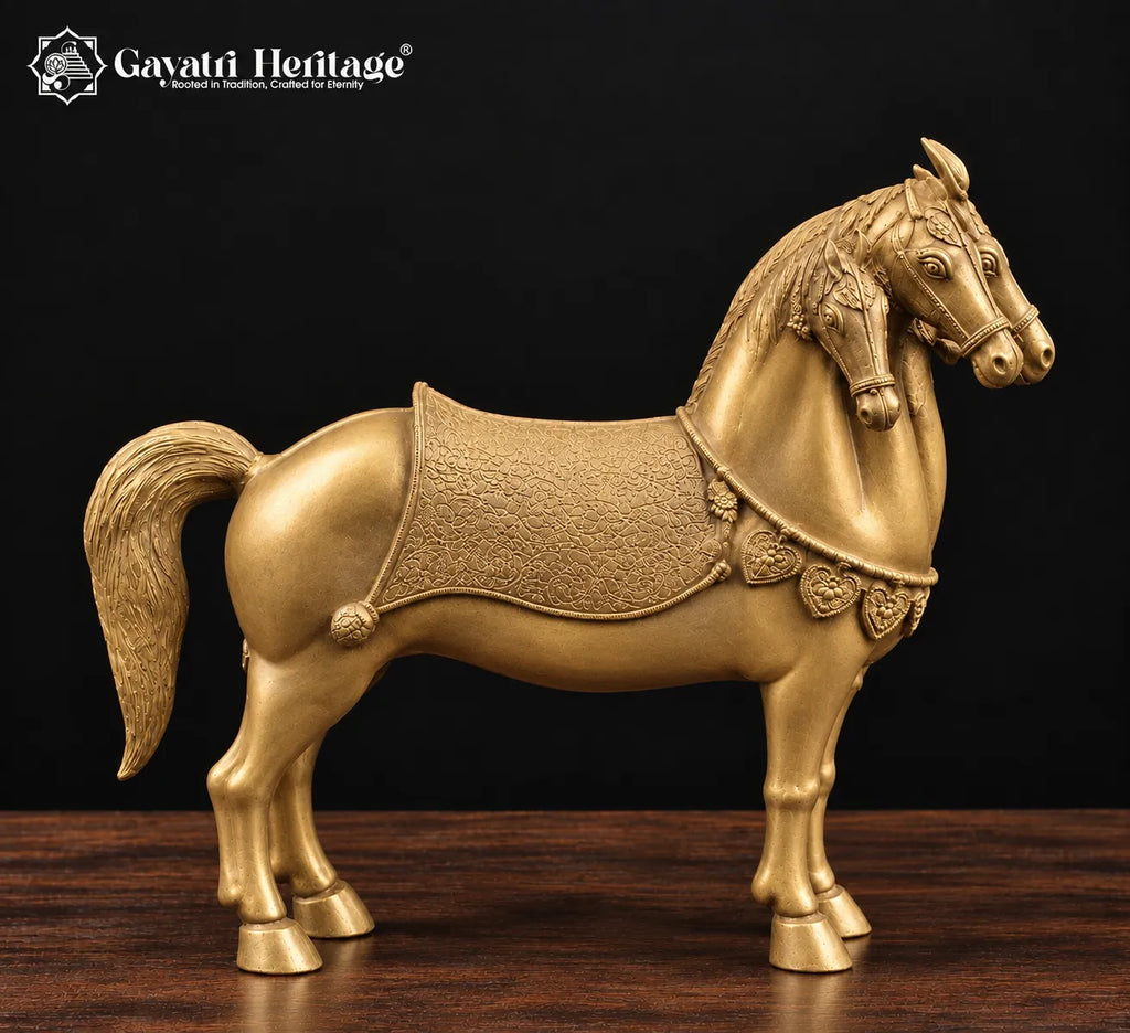 Brass Five-Headed Horse Statue | 24 Inch Panchmukhi Horse Vastu & Feng Shui Decor