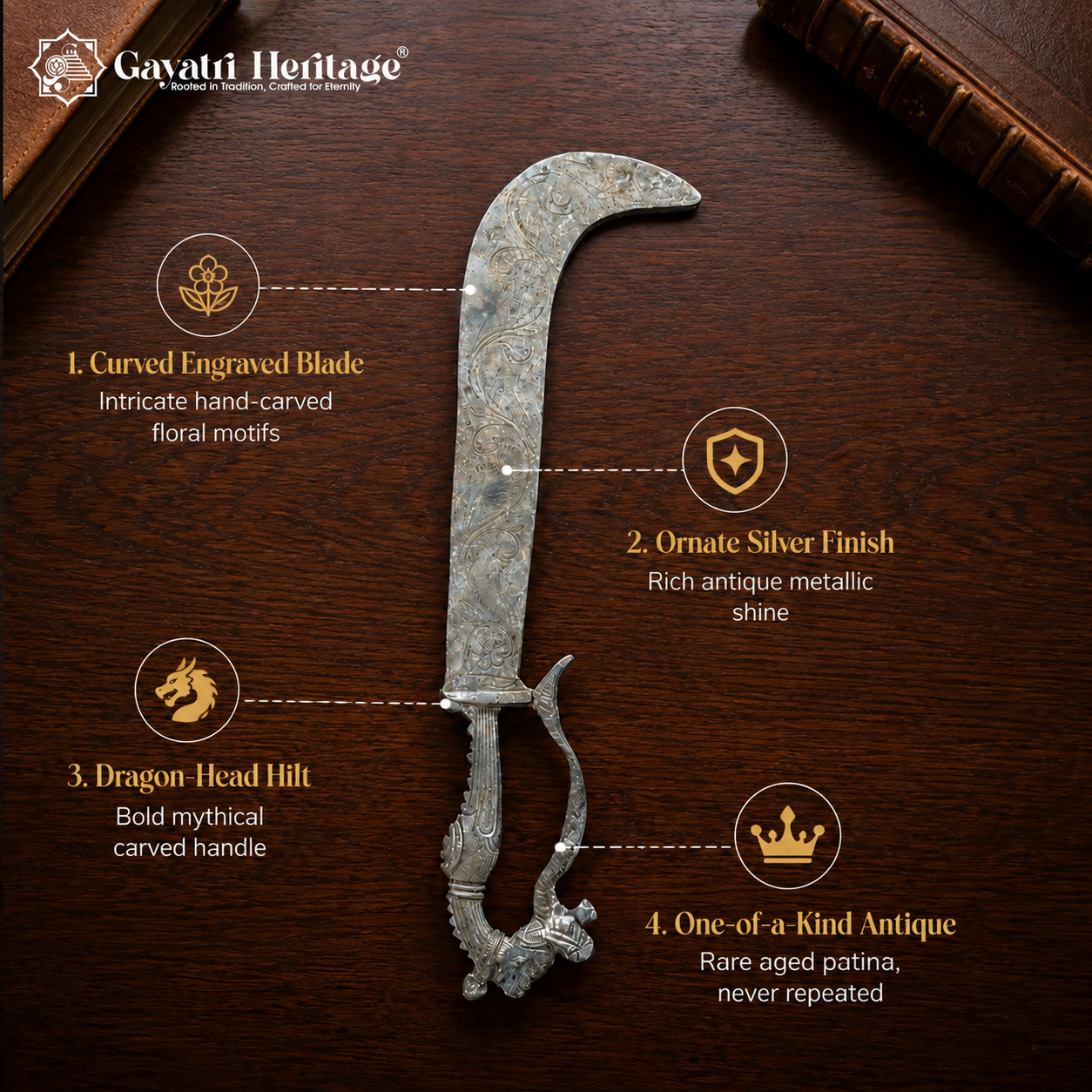 Antique Curved Ceremonial Knife | 100+ Year Old Silver-Tone Dragon Head Handle | Rare Vintage Collectible Decor Piece