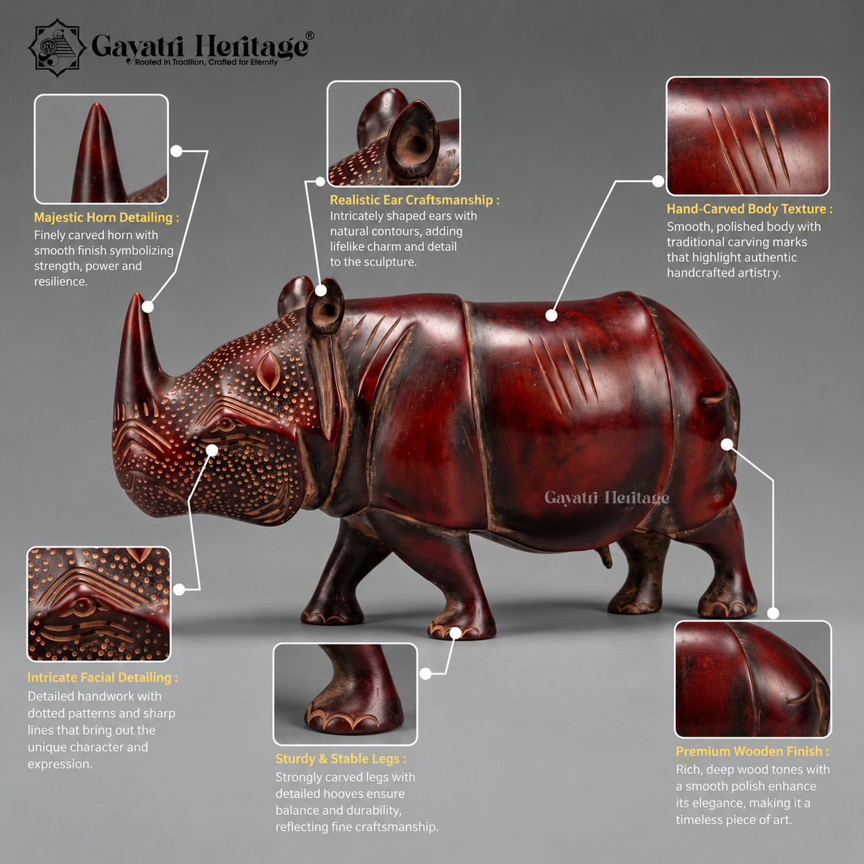 Brass Rhino Statue – Deep Red Maroon Antique Finish with Textured Skin Detail