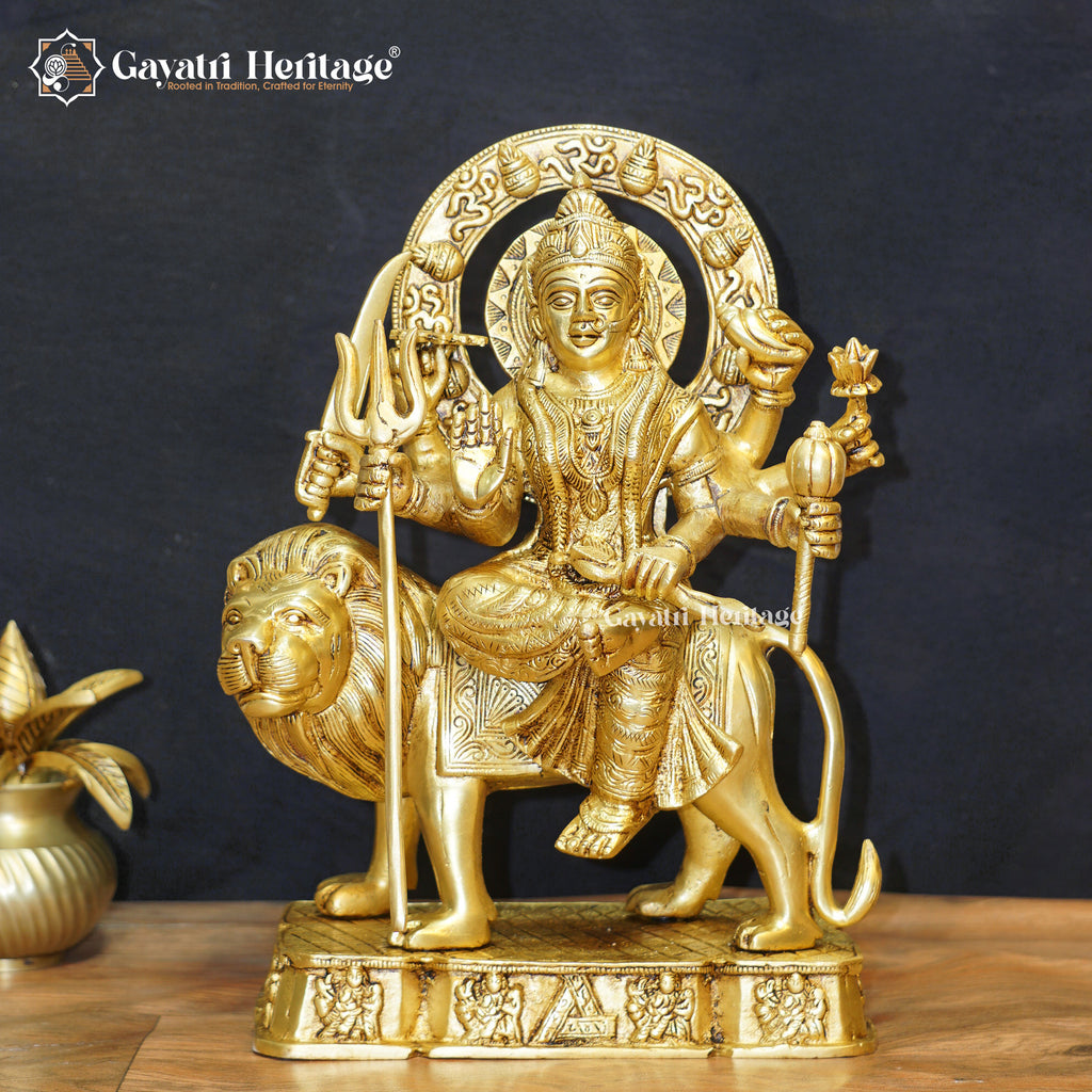 Brass Durga Mata on Lion – Square Base Divine Majesty