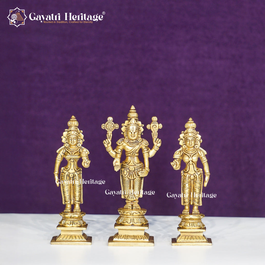 Brass Balaji with Sridevi & Bhudevi – Divine Tirupati Idol for Puja