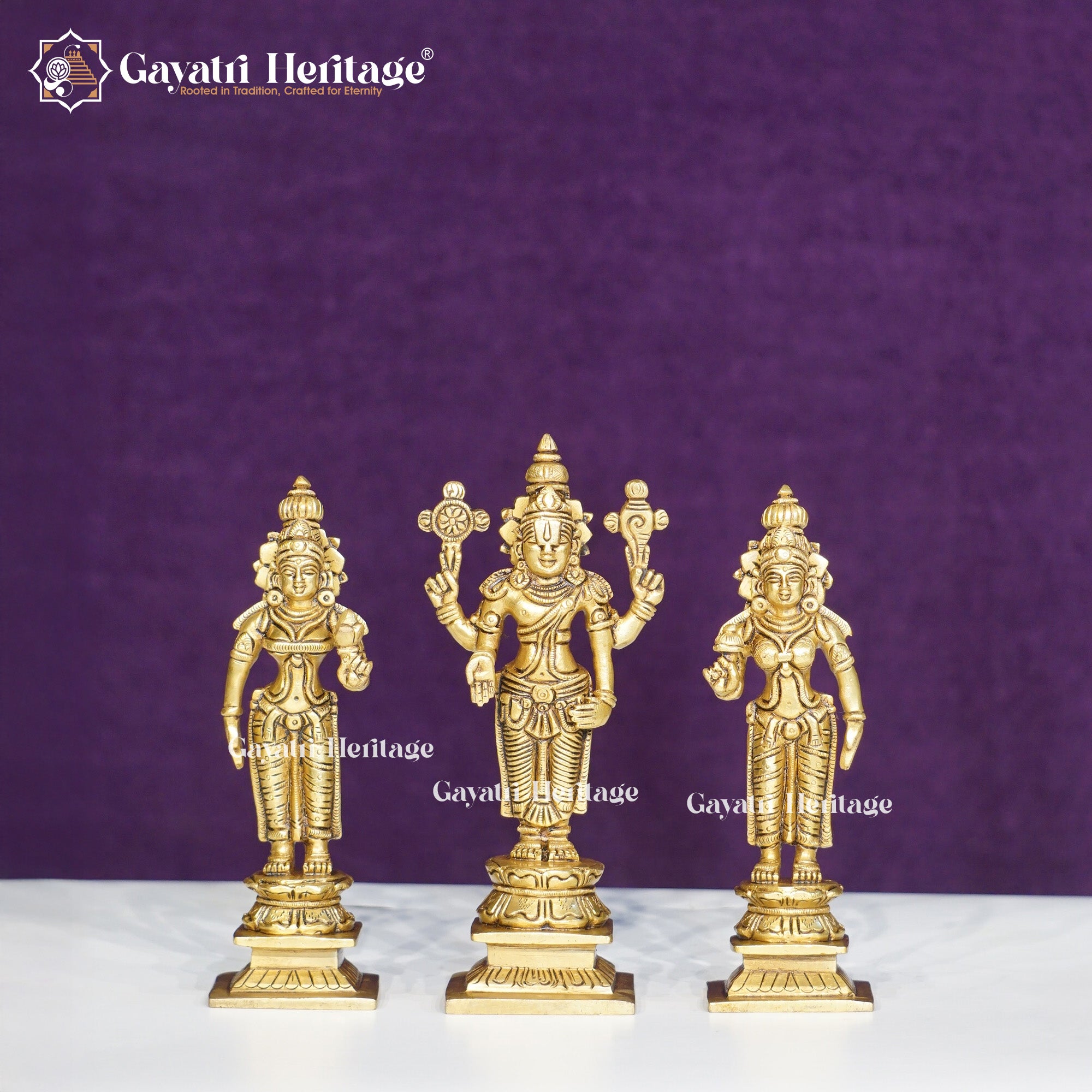 Brass Balaji with Sridevi & Bhudevi – Divine Tirupati Idol for Puja