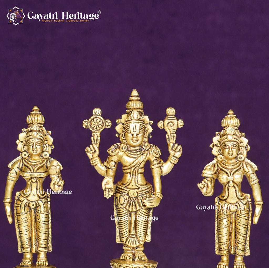 Brass Balaji with Sridevi & Bhudevi – Divine Tirupati Idol for Puja