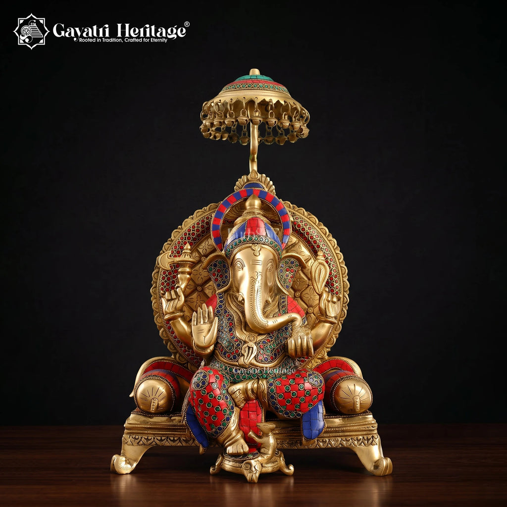Brass Ganesha Idol with Umbrella Canopy | Stone Inlay Ganesh Statue on Throne