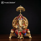 Brass Ganesha Idol with Umbrella Canopy | Stone Inlay Ganesh Statue on Throne